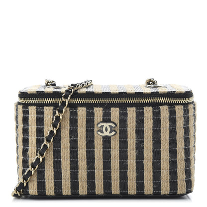 Chanel Raffia Jute Striped Small Vanity Case With Chain Black Beige 1 of 11