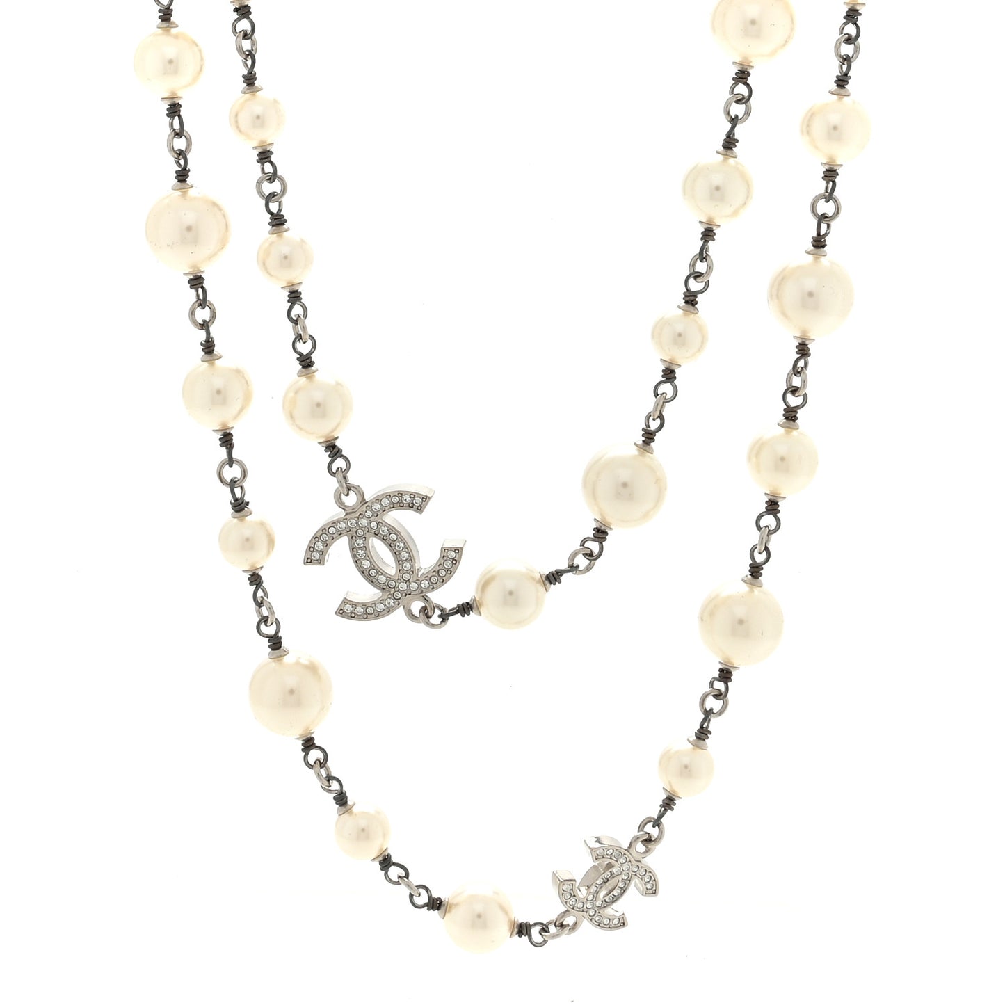 Graduated Pearl Crystal CC Long Necklace Silver