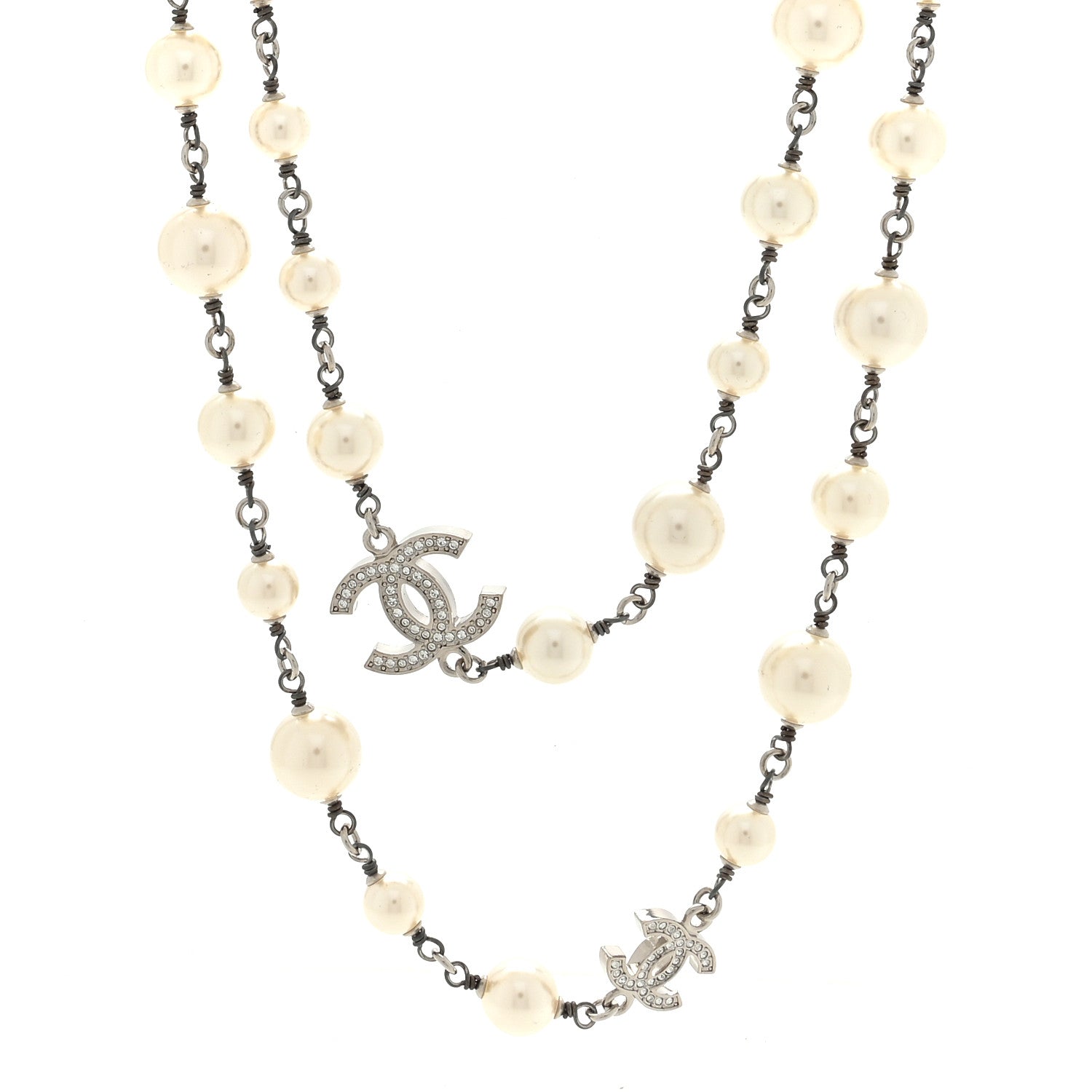 Chanel Graduated Pearl Crystal CC Long Necklace Silver 1 of 4