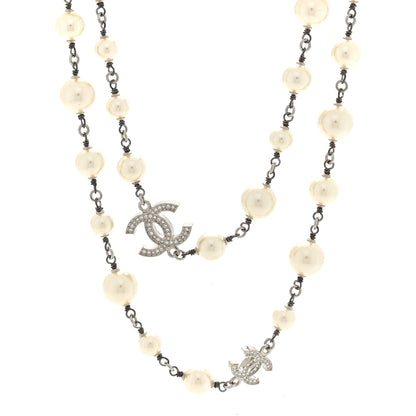 Chanel Graduated Pearl Crystal CC Long Necklace Silver 1 of 4