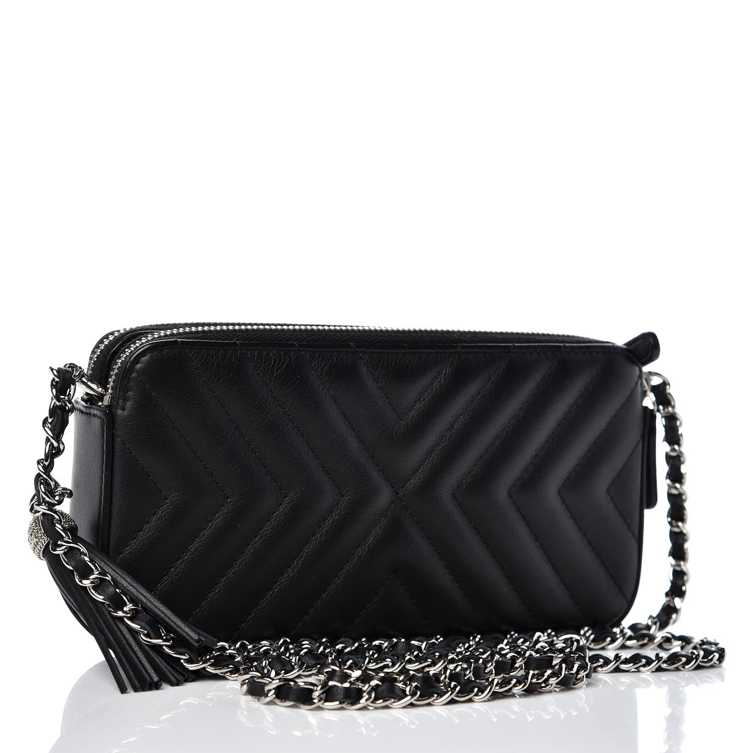 Chanel Calfskin Chevron Quilted Tassel Clutch With Chain Black 3 of 10