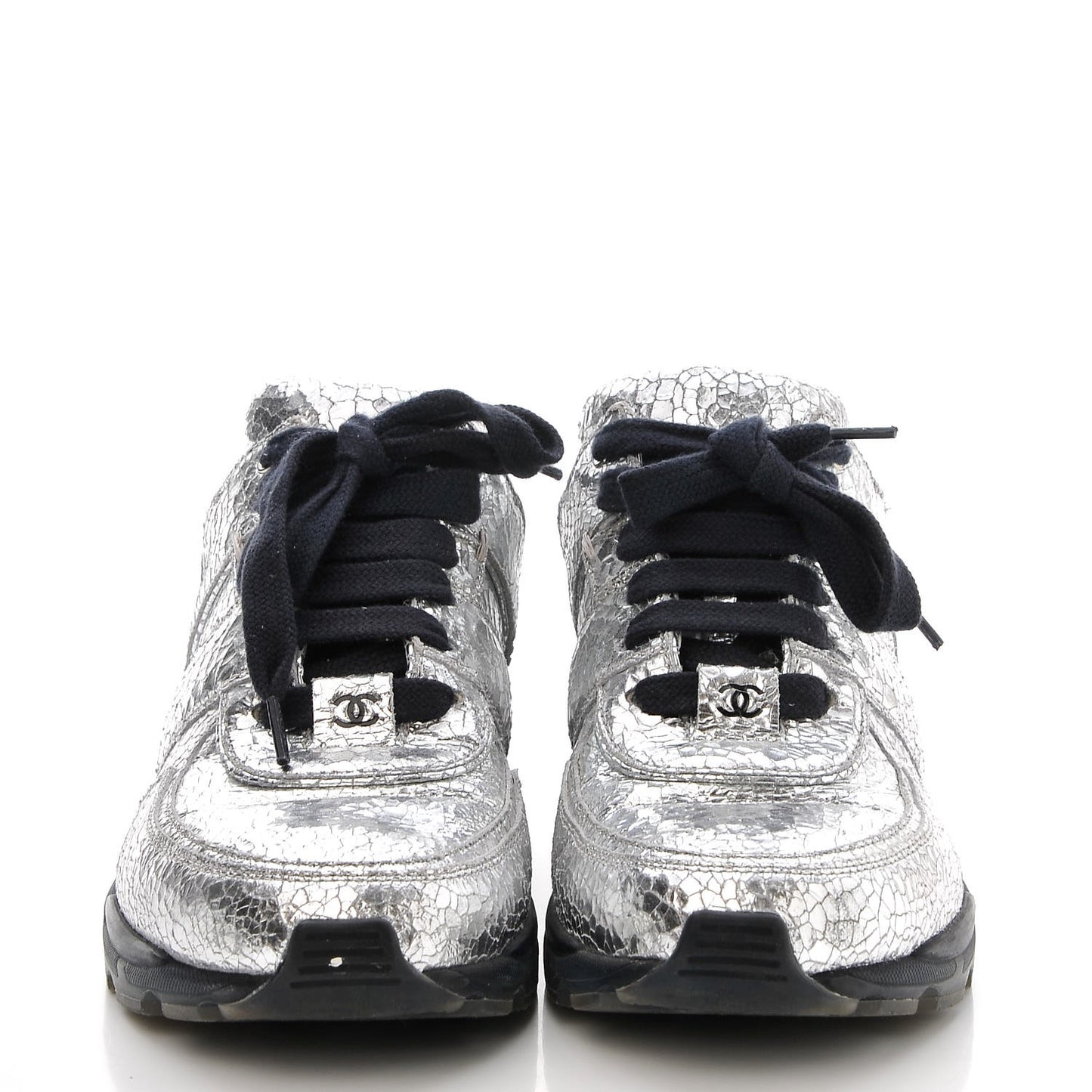 Metallic Crackled Calfskin CC Sneakers 37 Silver Black Navy