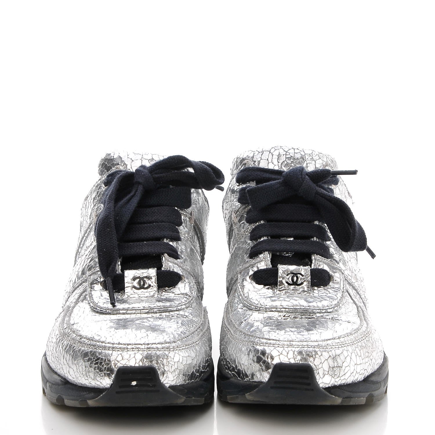 Chanel Metallic Crackled Calfskin CC Sneakers 37 Silver Black Navy 2 of 10