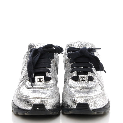 Chanel Metallic Crackled Calfskin CC Sneakers 37 Silver Black Navy 2 of 10