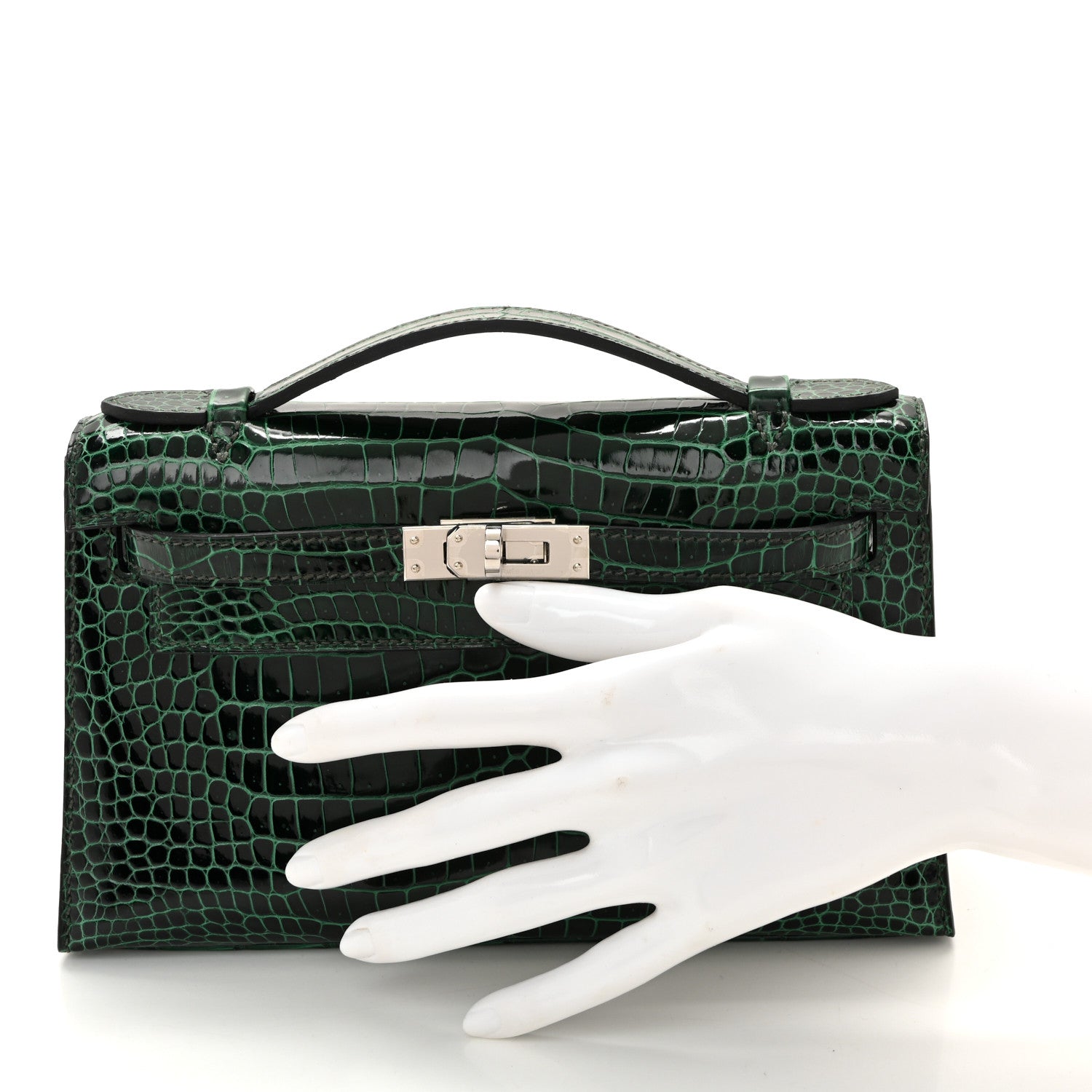 Hermes Shiny Porosus Crocodile Kelly Pochette Vert Cypress 2 of 19