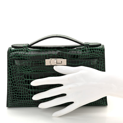 Hermes Shiny Porosus Crocodile Kelly Pochette Vert Cypress 2 of 19