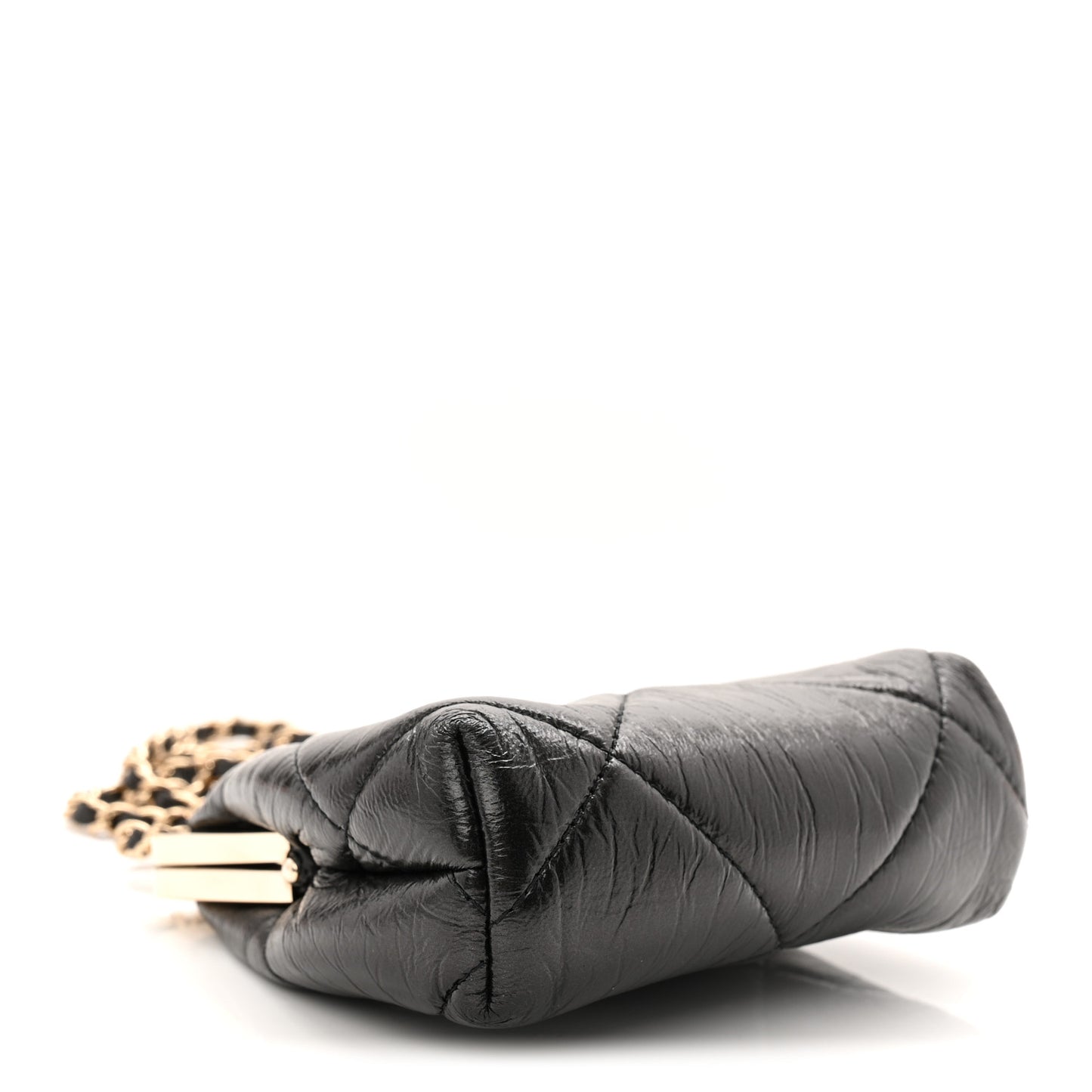 Shiny Aged Lambskin Quilted Kiss Lock Clutch With Chain Black