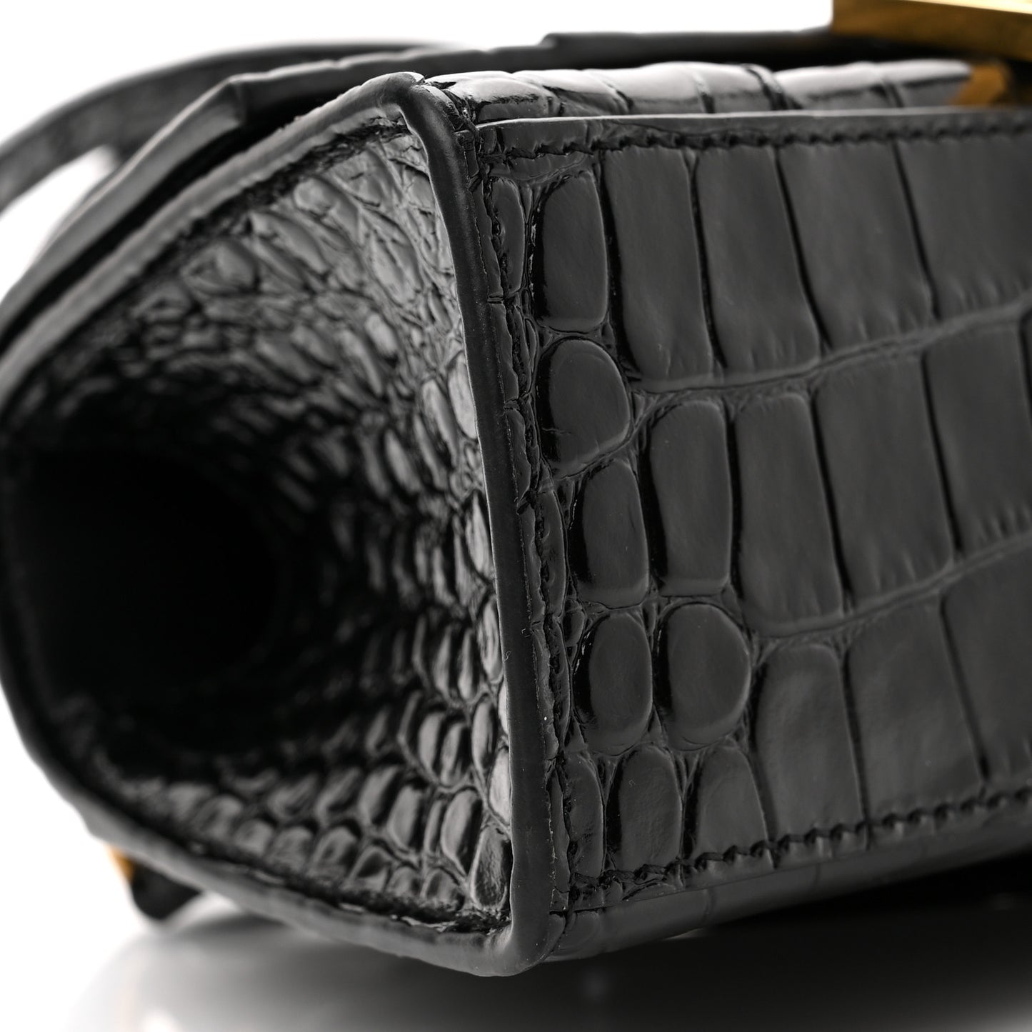 Shiny Calfskin Crocodile Embossed Hourglass Top Handle Bag XS Black