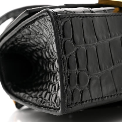 Balenciaga Shiny Calfskin Crocodile Embossed Hourglass Top Handle Bag XS Black 9 of 11