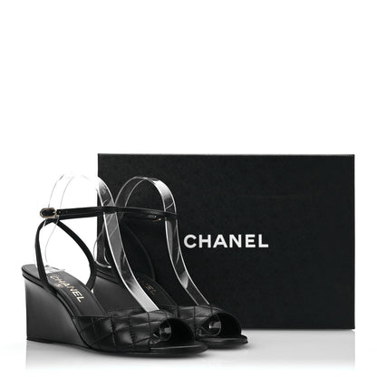 Chanel Lambskin Patent Quilted Wedge Sandals 37.5 Black 12 of 12