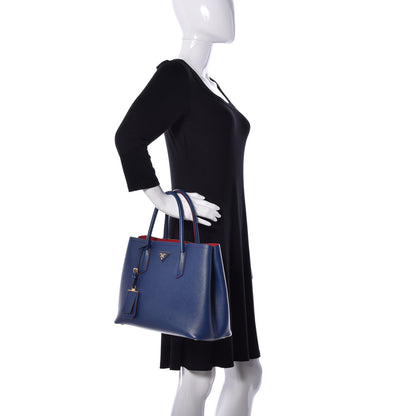 Prada Saffiano Cuir Small Double Bag Ink Blue Fire Engine Red 2 of 12