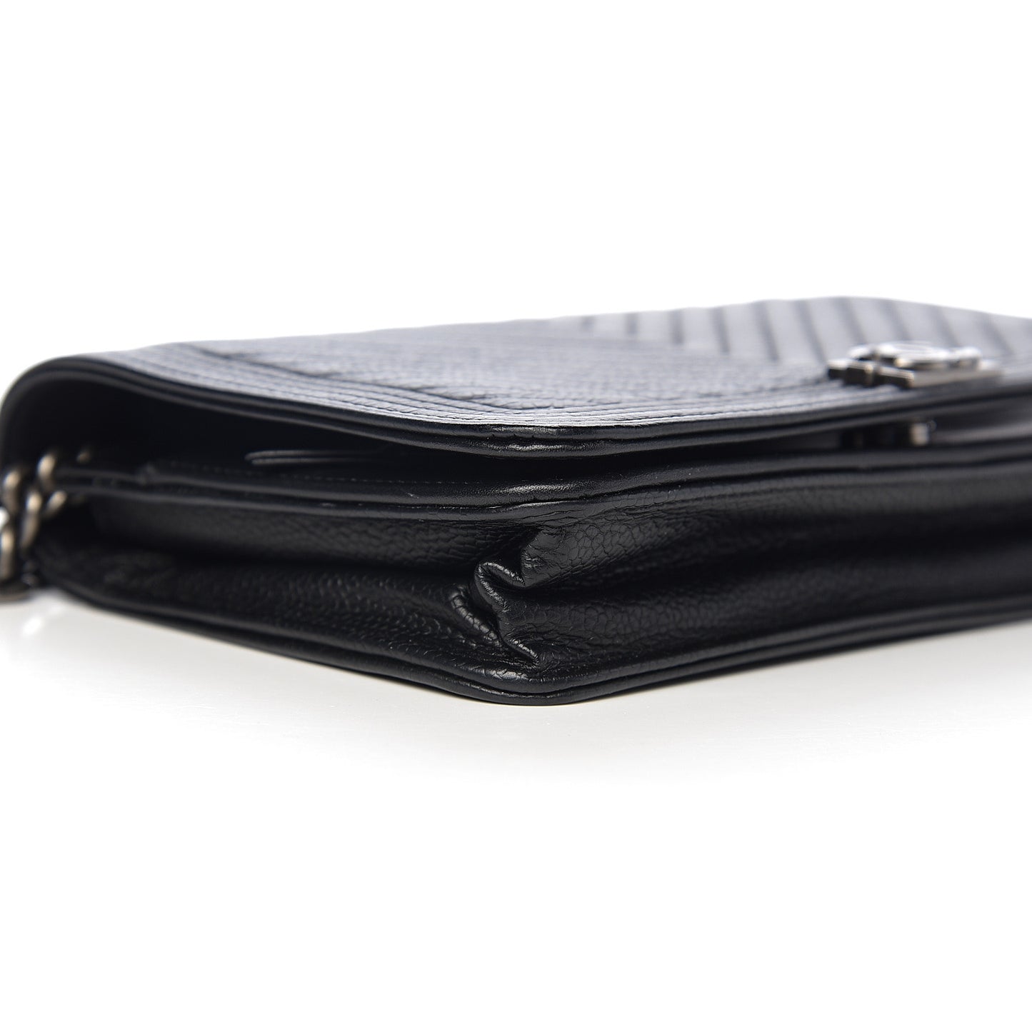 Grained Calfskin Chevron Quilted Boy Wallet On Chain WOC Black