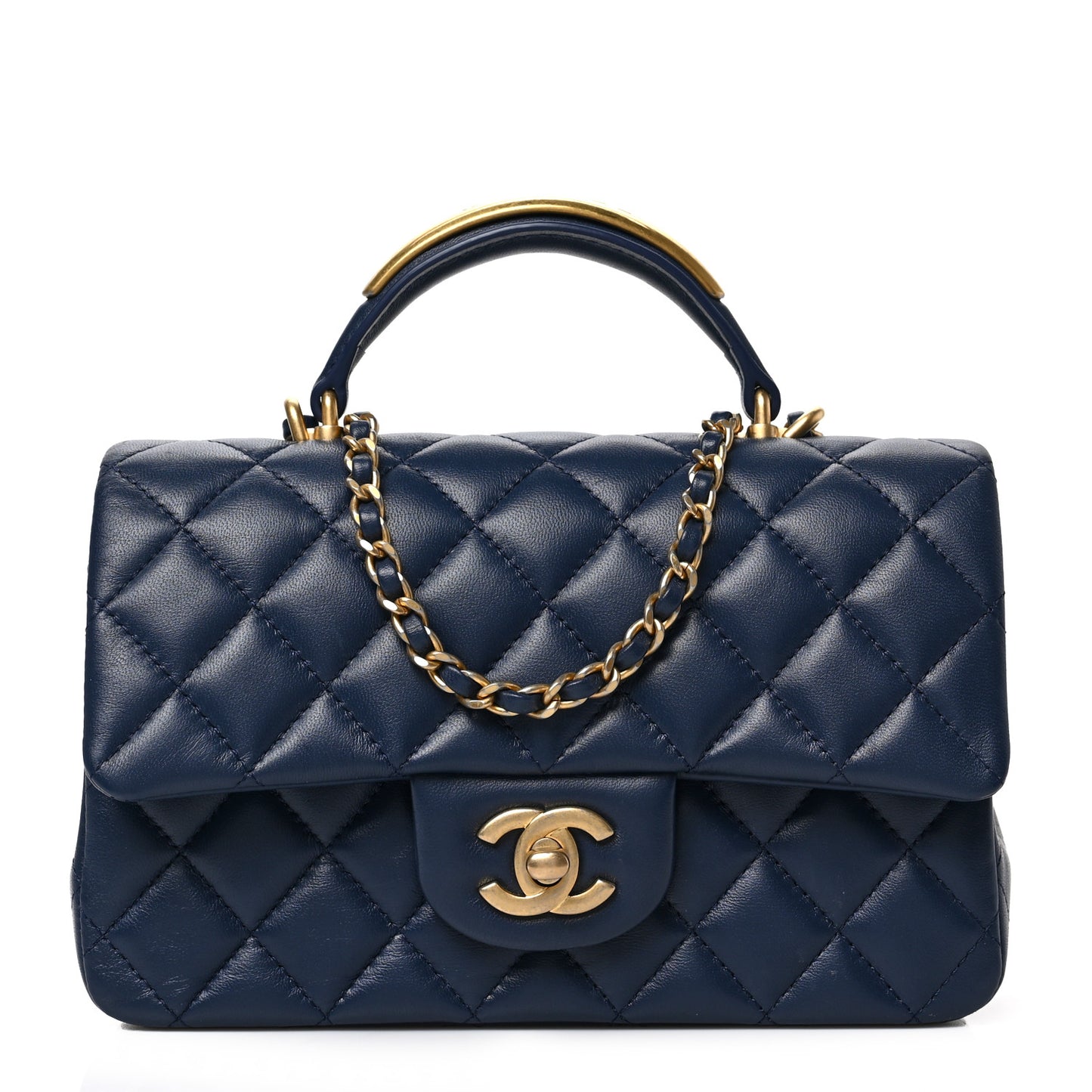 Lambskin Quilted Mini Metal Top Handle Rectangular Flap Blue