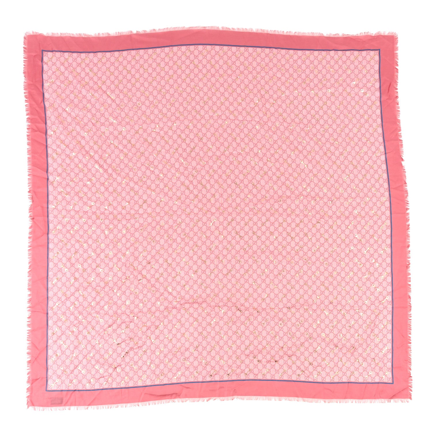 Gucci Modal Silk GG Monogram Big Gold Horsebit Fringe Shawl Pink Sky Blue 1 of 3