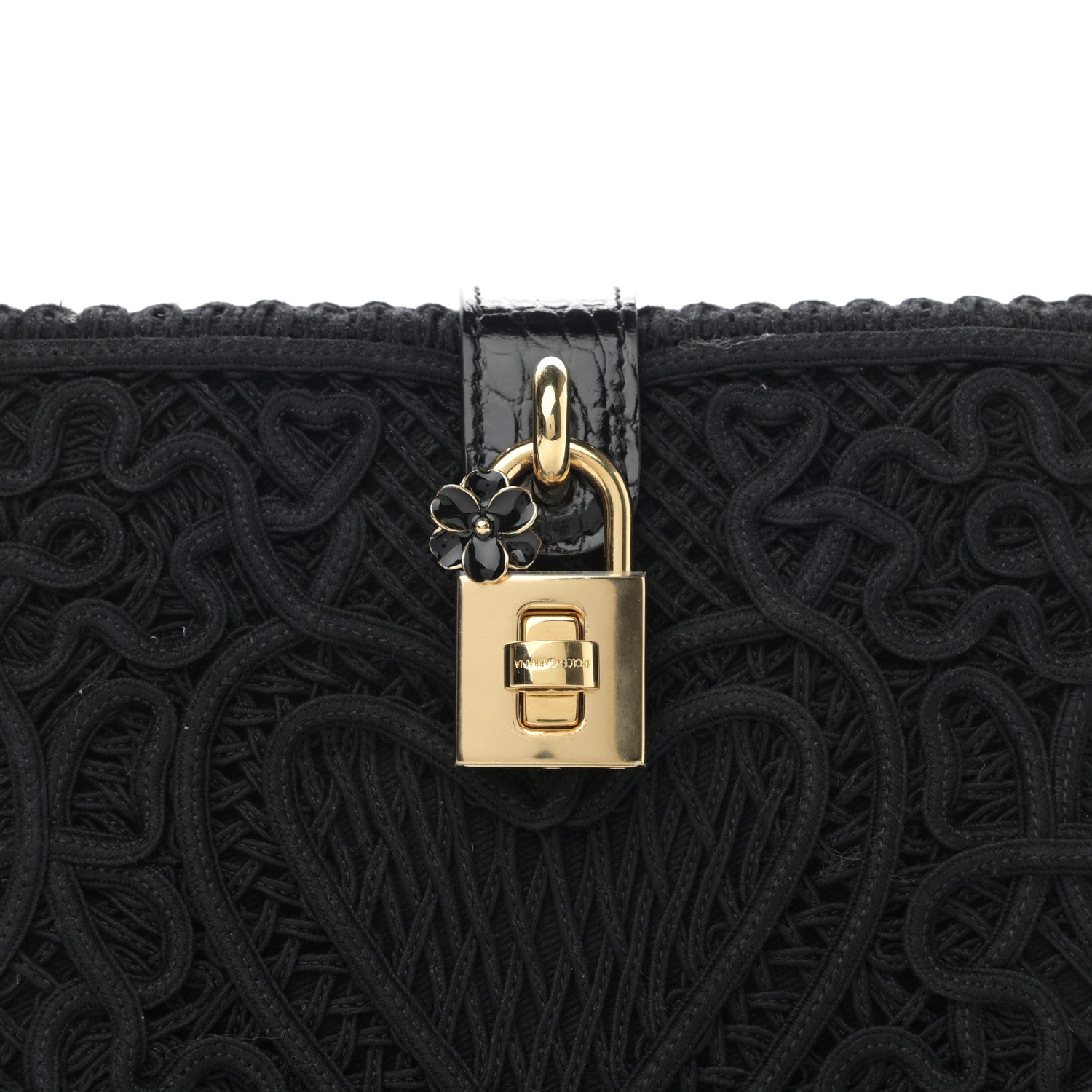 Dolce & Gabbana Cotton Calfskin Crocodile Embossed Cordonetto Lace Embroidered Box Shoulder Bag Black 7 of 9