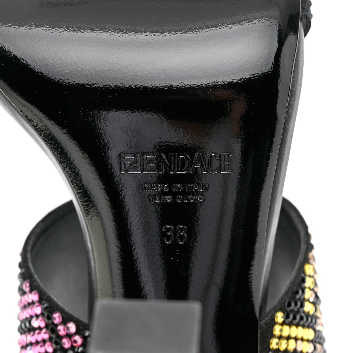 X FENDI Calfskin Crystal Fendace FF Medusa High Heel Mule Sandals 38 Black Multicolor