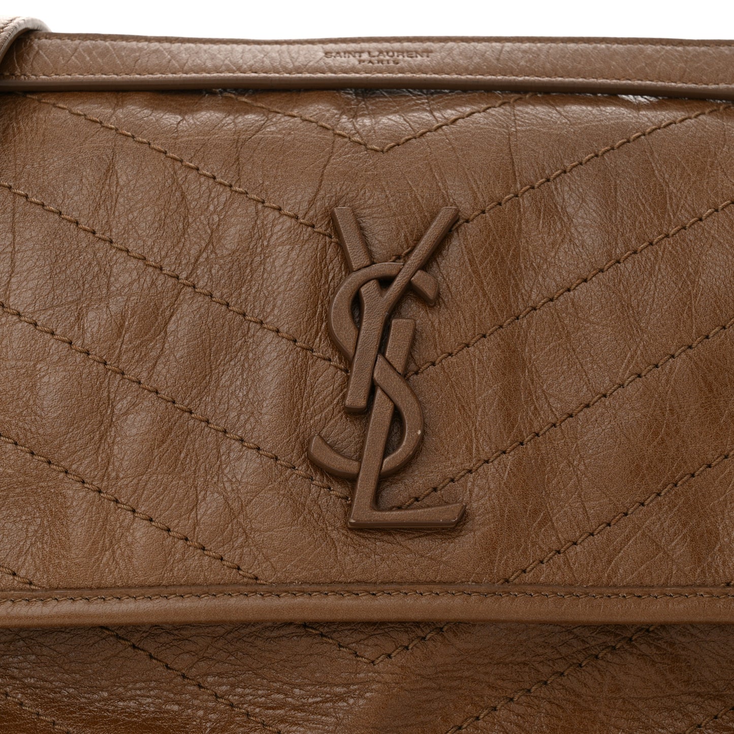 Crinkled Calfskin Matelasse Monogram Medium Niki Chain Satchel Tan Brown
