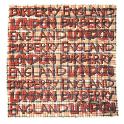 Burberry Wool Silk Check Graffiti Print Large Square Scarf Bright Red 1 of 3