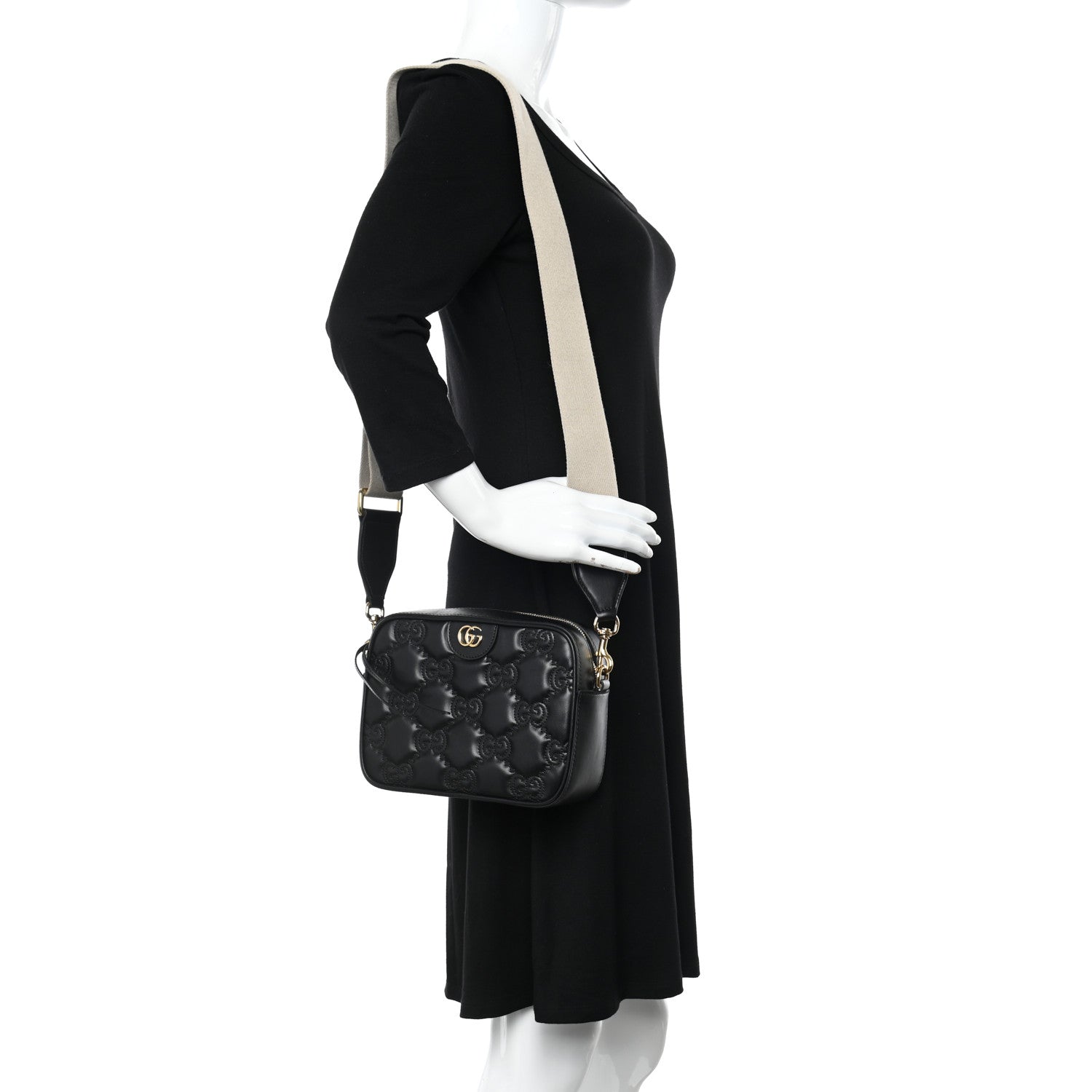 Gucci Calfskin GG Matelasse Shoulder Bag Black Natural 2 of 17