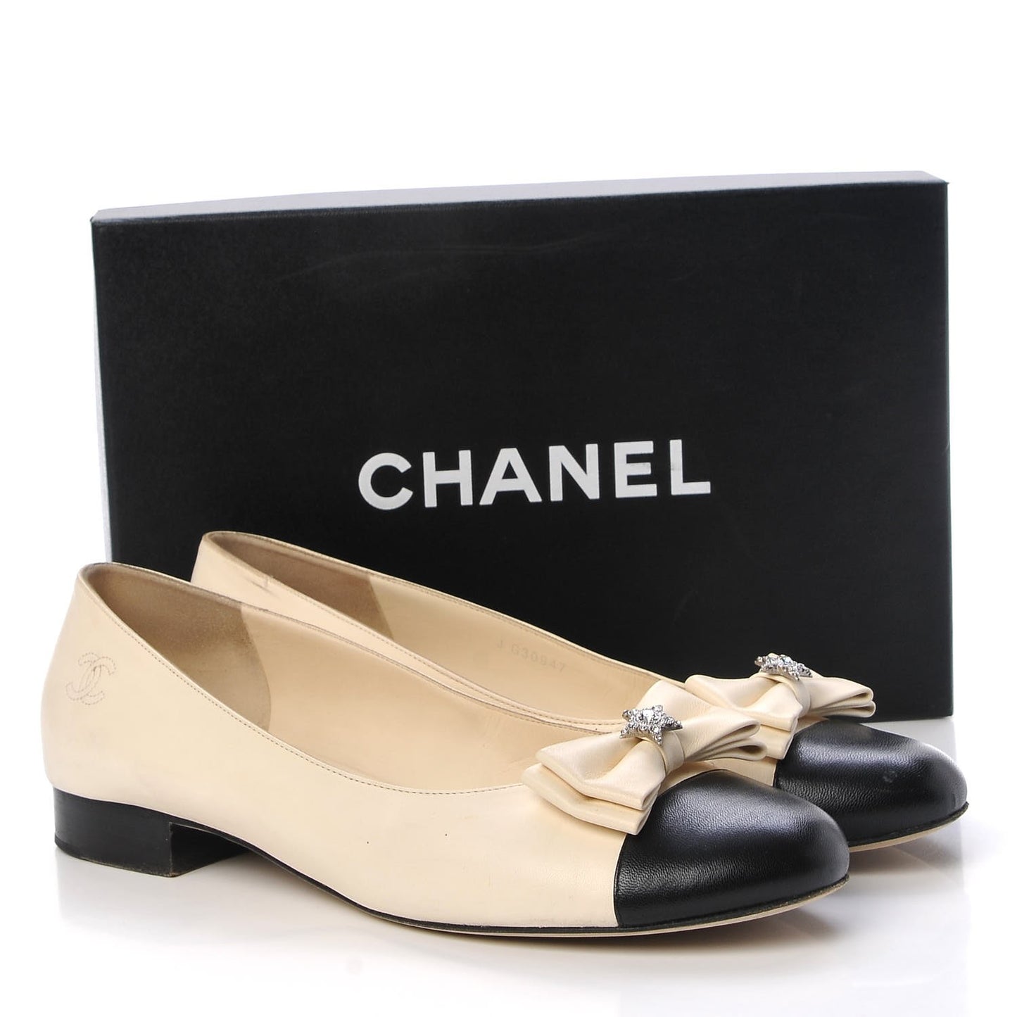 Lambskin Crystal CC Cap Toe Ballerina Flats 40.5 Beige Black