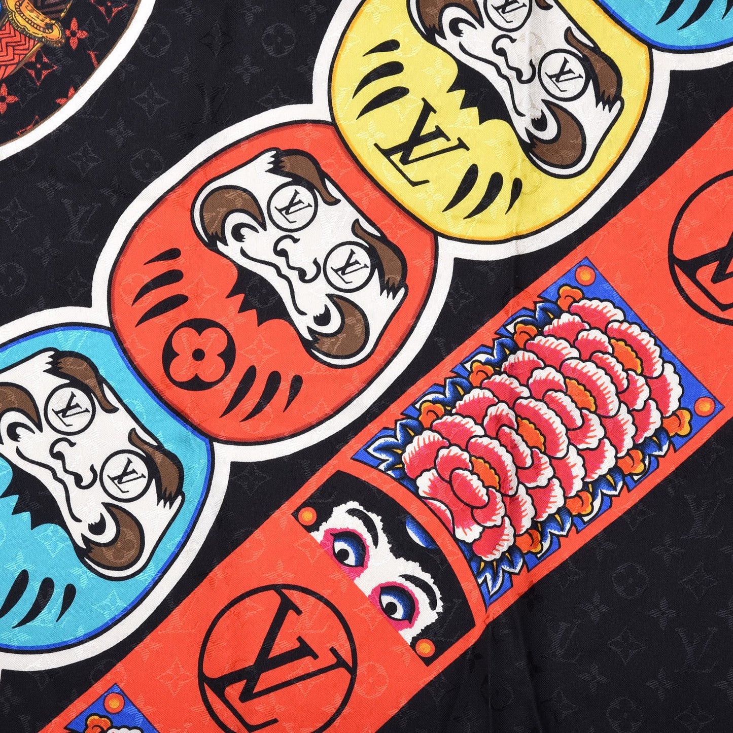 Silk Wool Monogram Kabuki Stickers Shawl Black