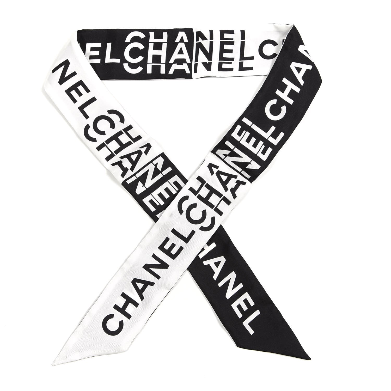 Chanel Silk Logo Slim Bandeau Scarf Black White 1 of 4
