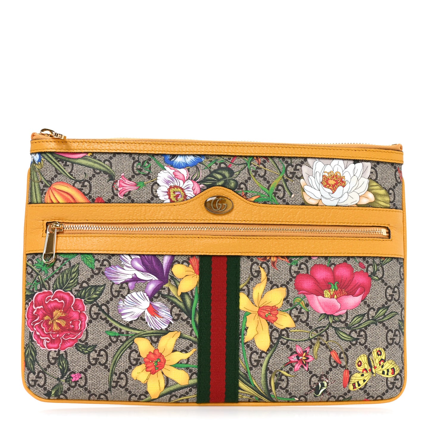GG Supreme Monogram Flora Large Ophidia Pouch Clutch Beige Multicolor Crop