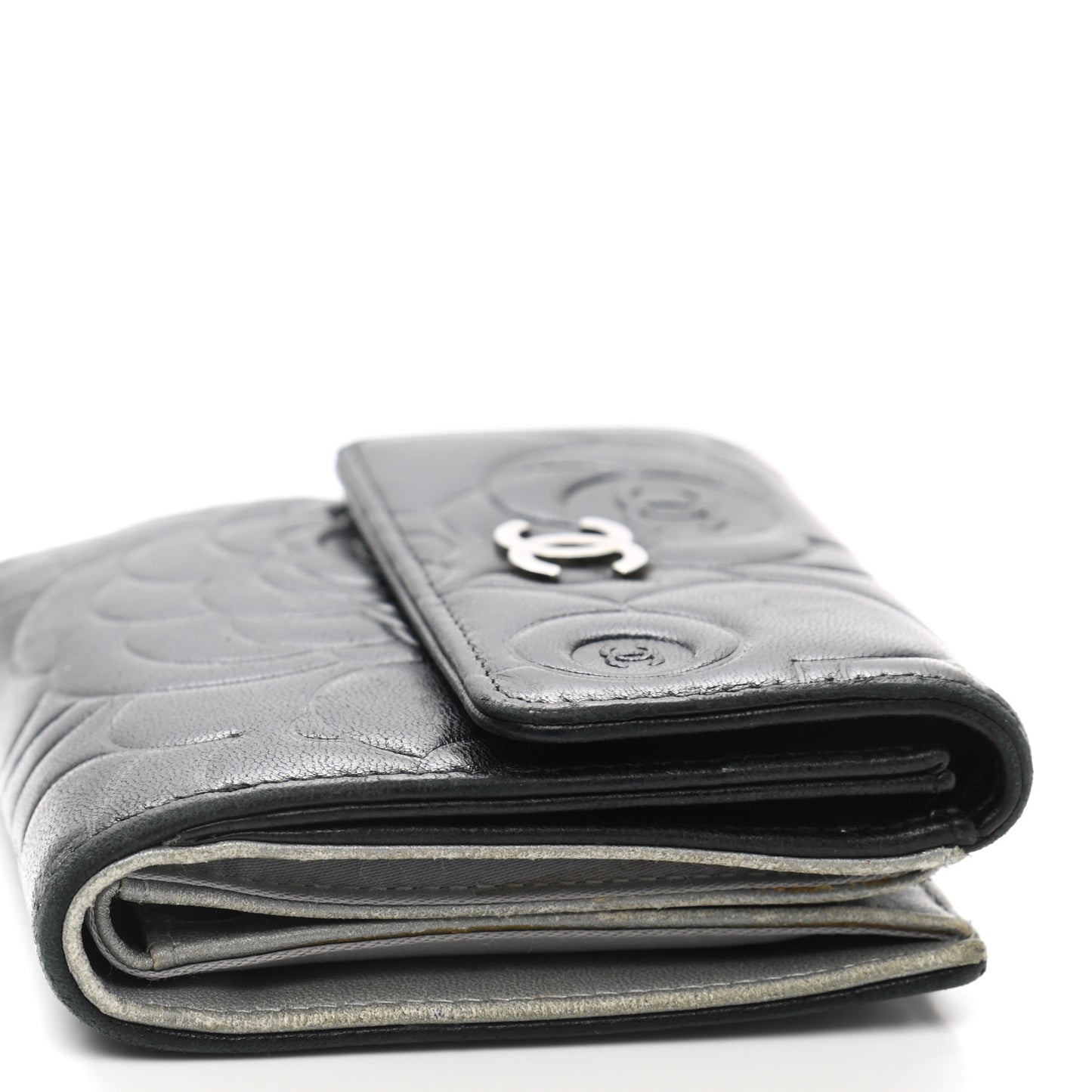 Lambskin Embossed Camellia French Wallet Black