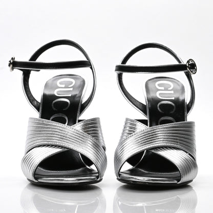 Gucci Malaga Kid Webby Crossover High Heel Sandals 37 Silver 6 of 9