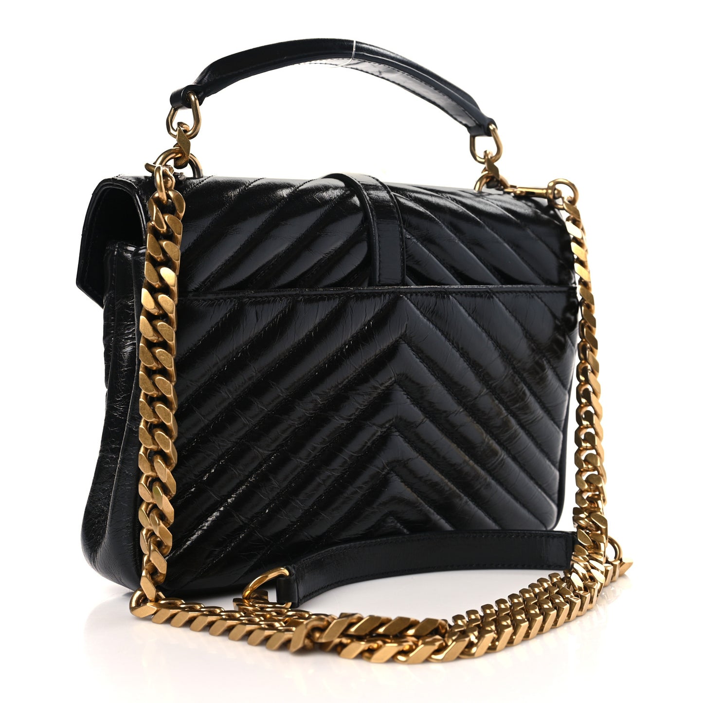 Cracked Shiny Calfskin Matelasse Chevron Monogram Medium College Bag Black