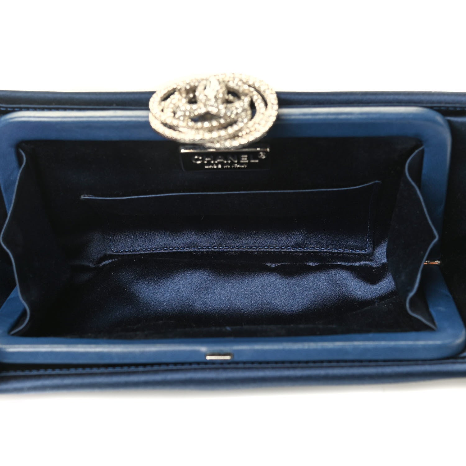 Chanel Satin Crystal Camellia Evening Frame Clutch Dark Navy Blue 4 of 8