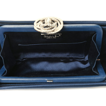 Chanel Satin Crystal Camellia Evening Frame Clutch Dark Navy Blue 4 of 8