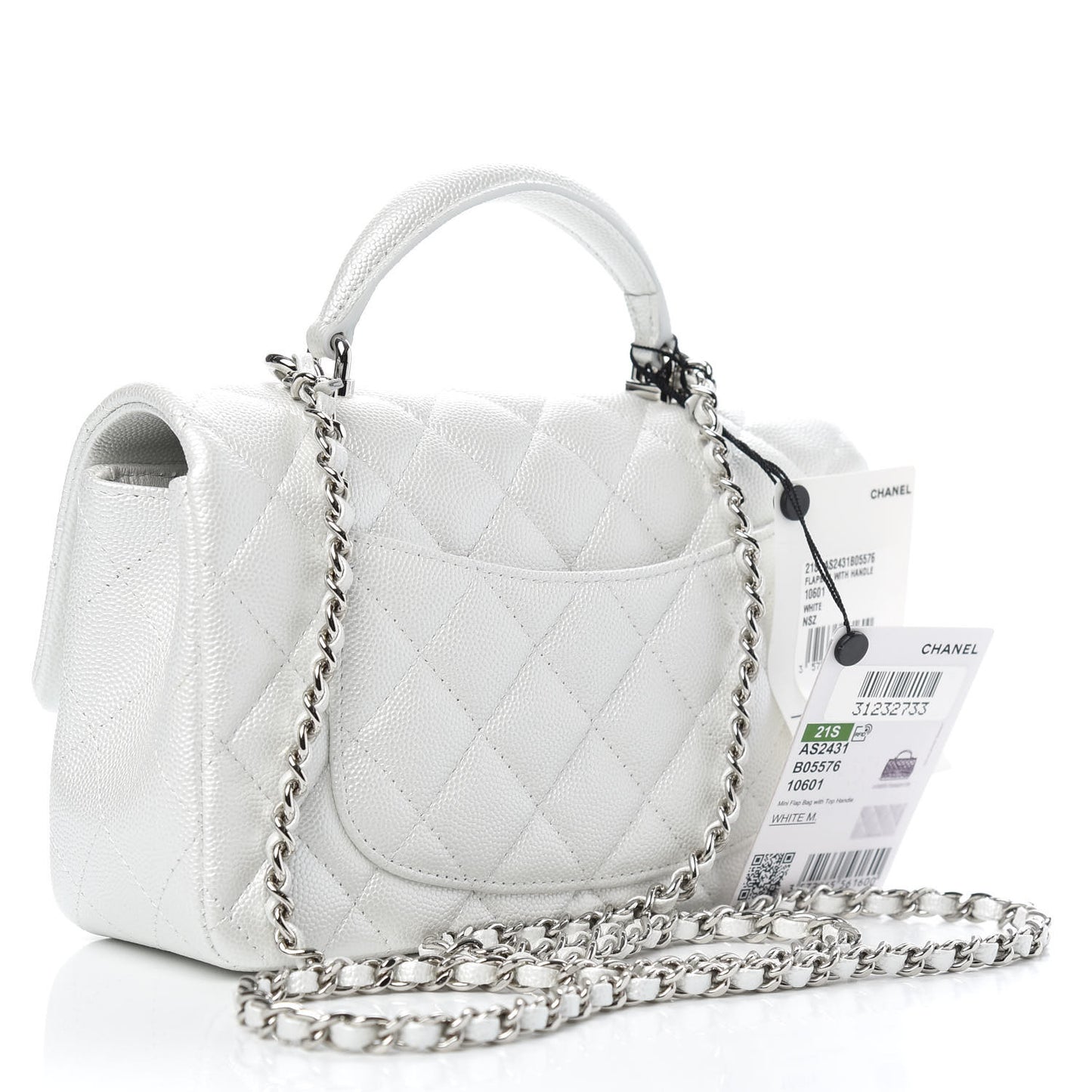 Iridescent Caviar Quilted Mini Top Handle Rectangular Flap White