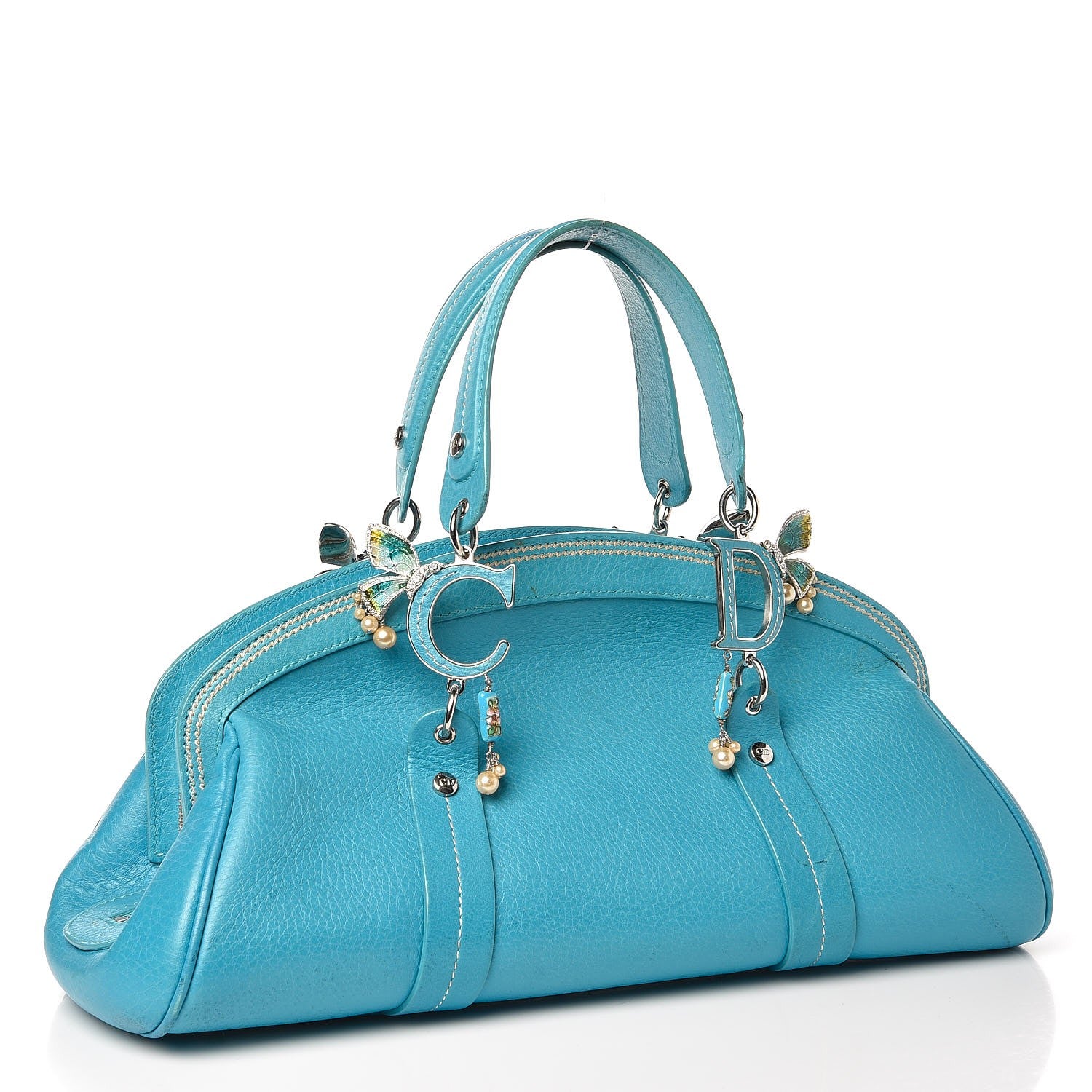 Christian Dior Calfskin Butterfly Pearls Frame Satchel Blue 3 of 11