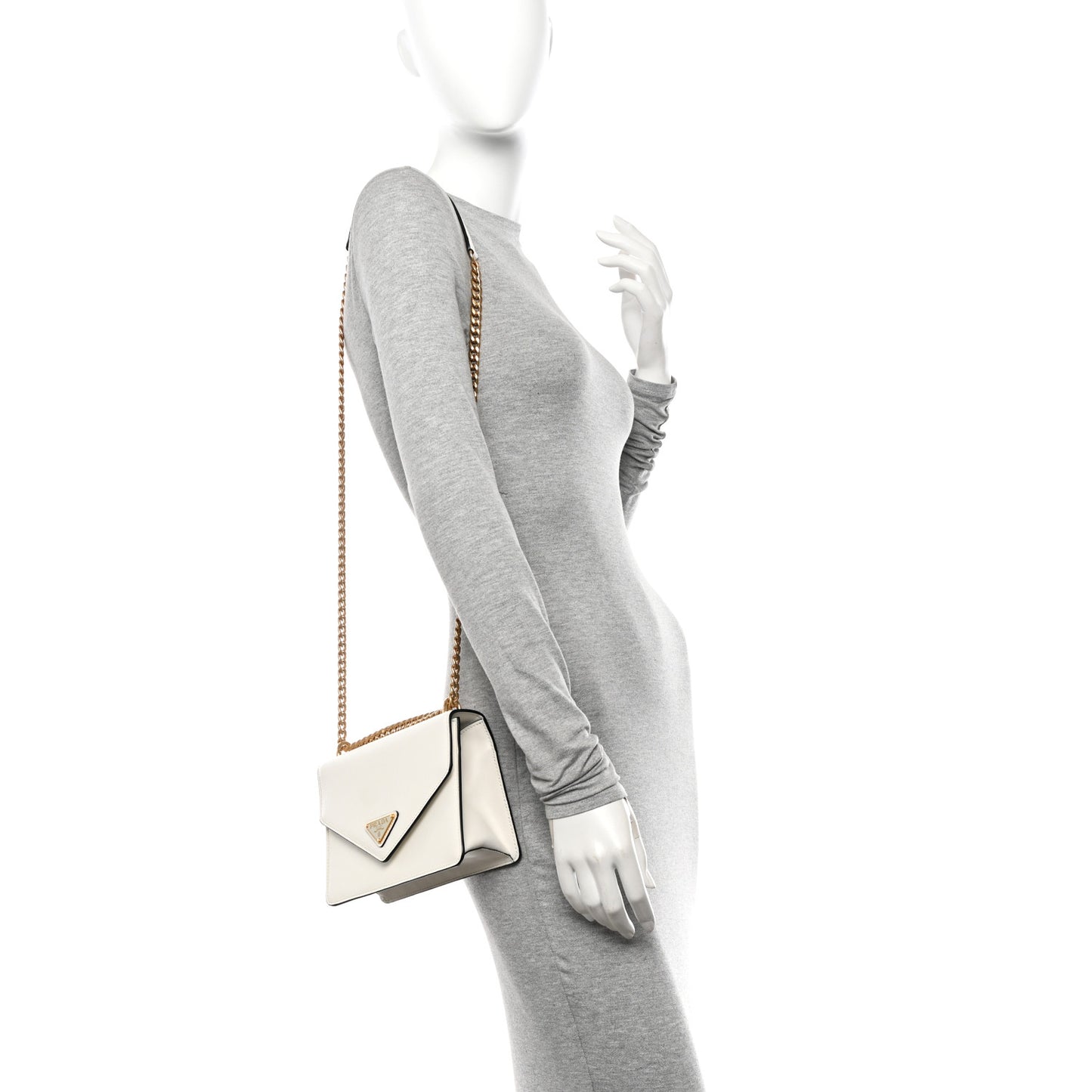 Saffiano Soft Calfskin Metal Triangle Logo Envelope Chain Shoulder Bag White