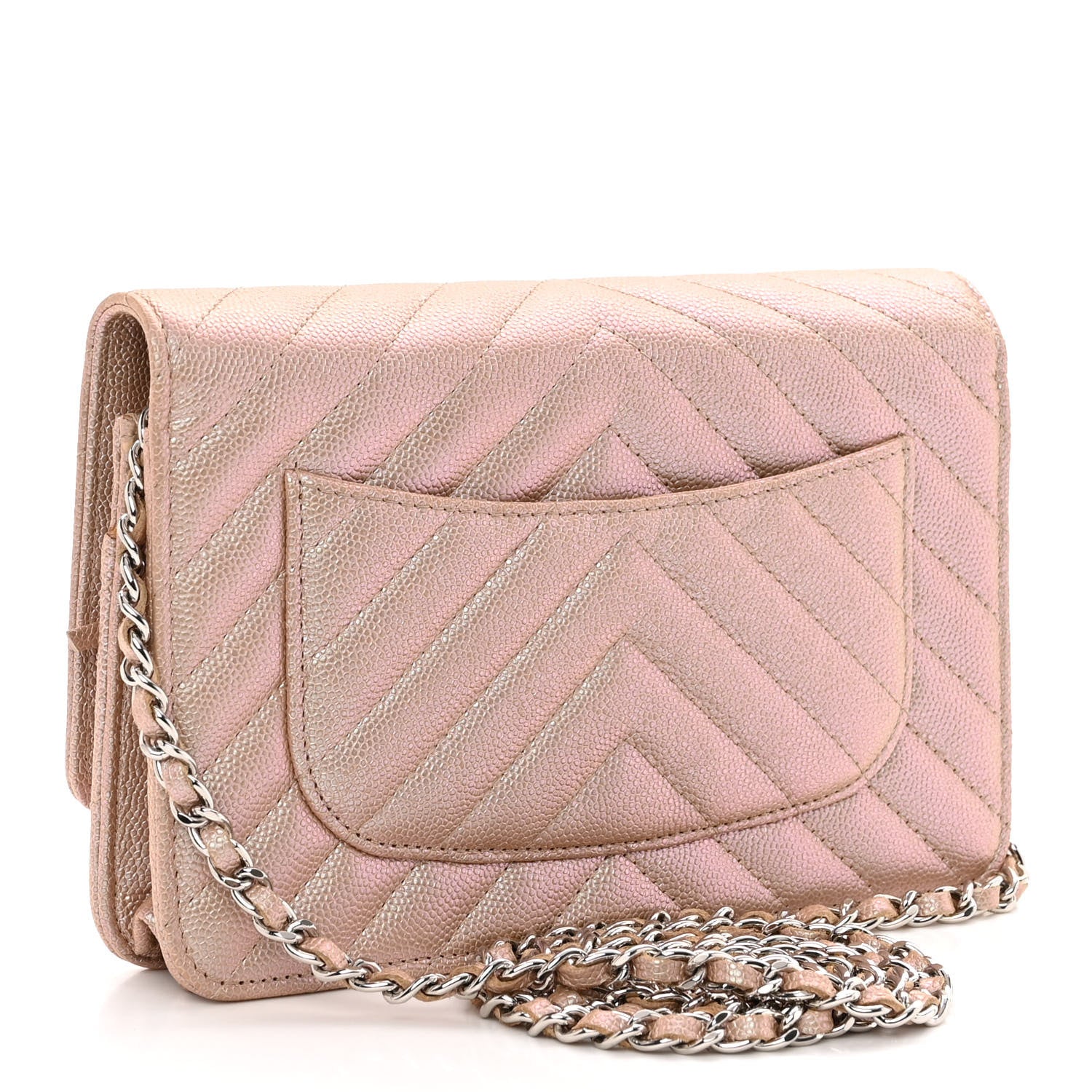 Chanel Metallic Caviar Chevron Quilted Wallet On Chain WOC Light Gold 3 of 10