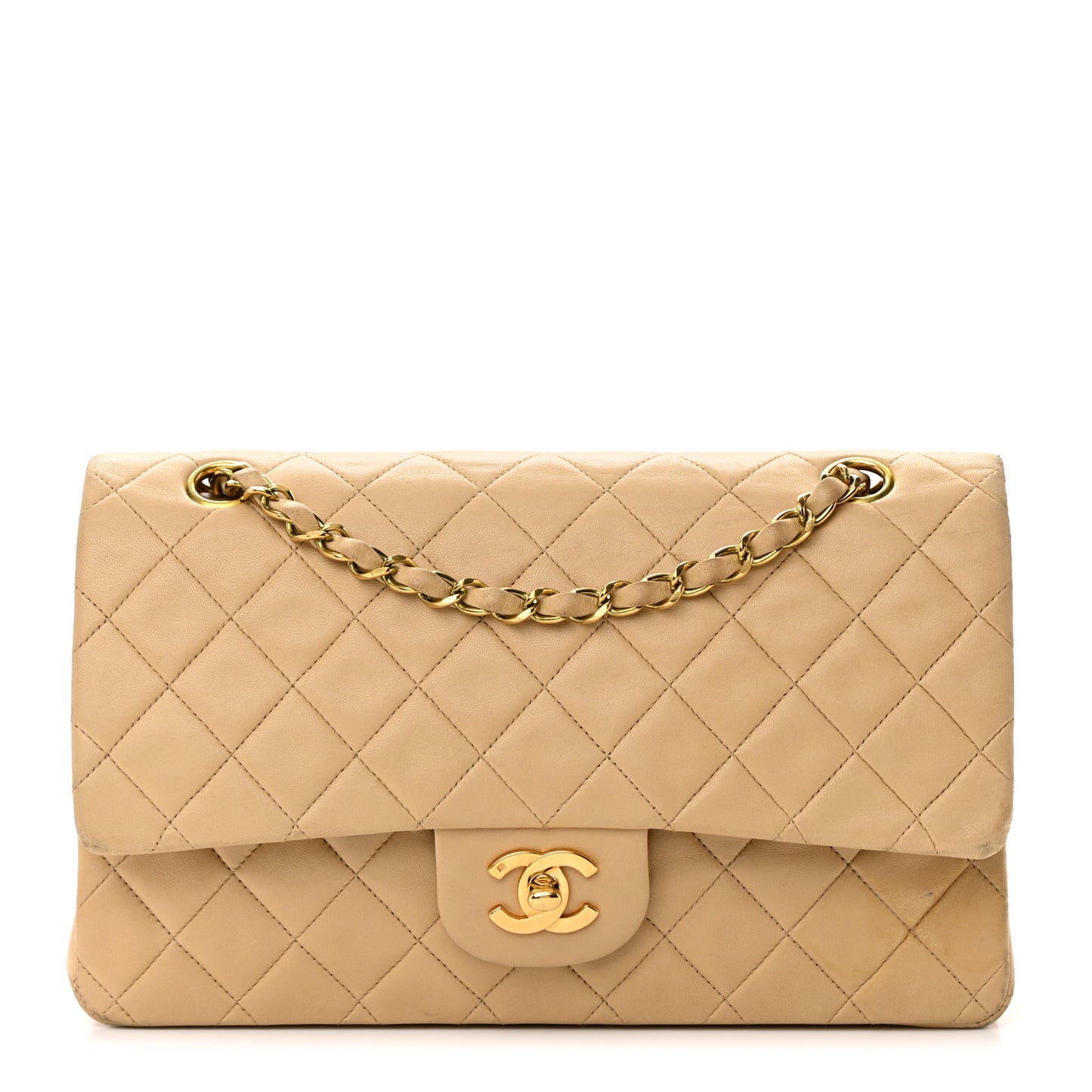 Lambskin Quilted Medium Double Flap Beige