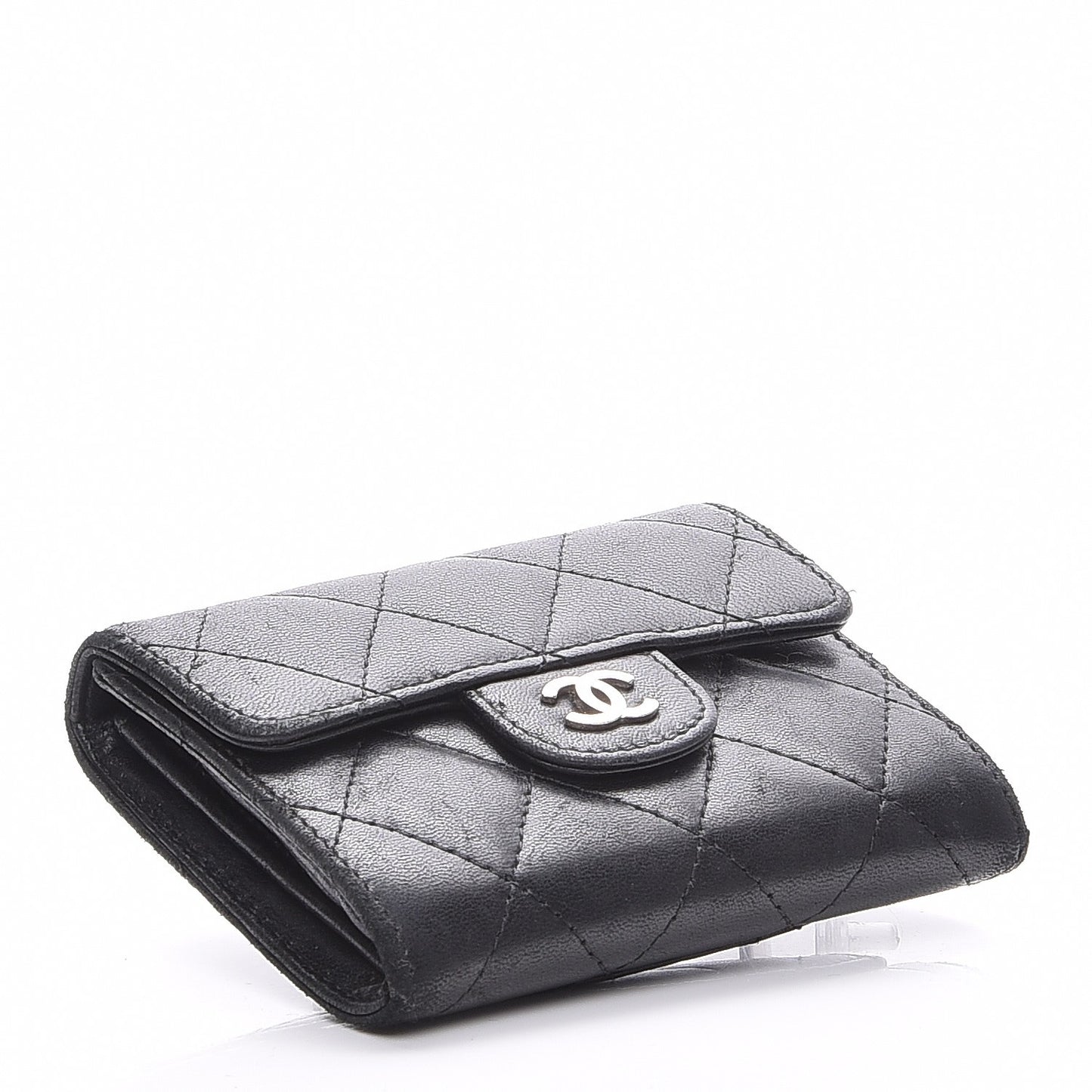 Lambskin Quilted Flap Card Holder Wallet Black