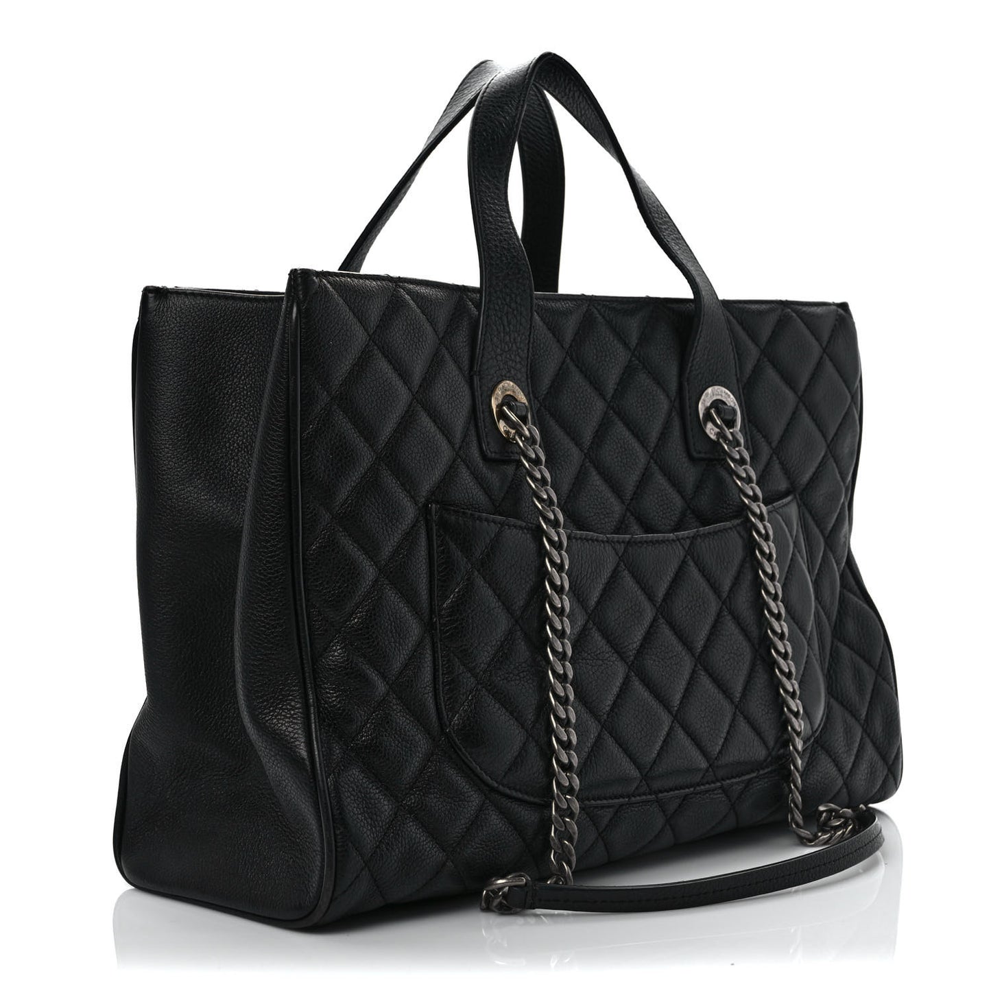 Metallic Grained Calfskin Quilted Large Casual Pocket Tote Black