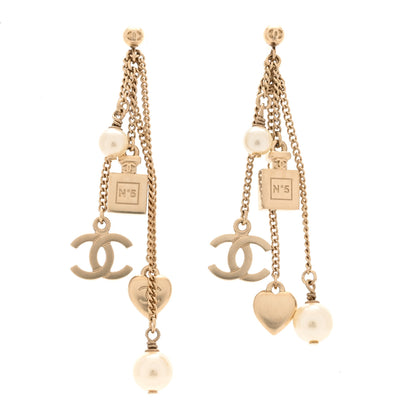 Chanel Metal Pearl Chain Charm Drop Earrings Gold 1 of 4
