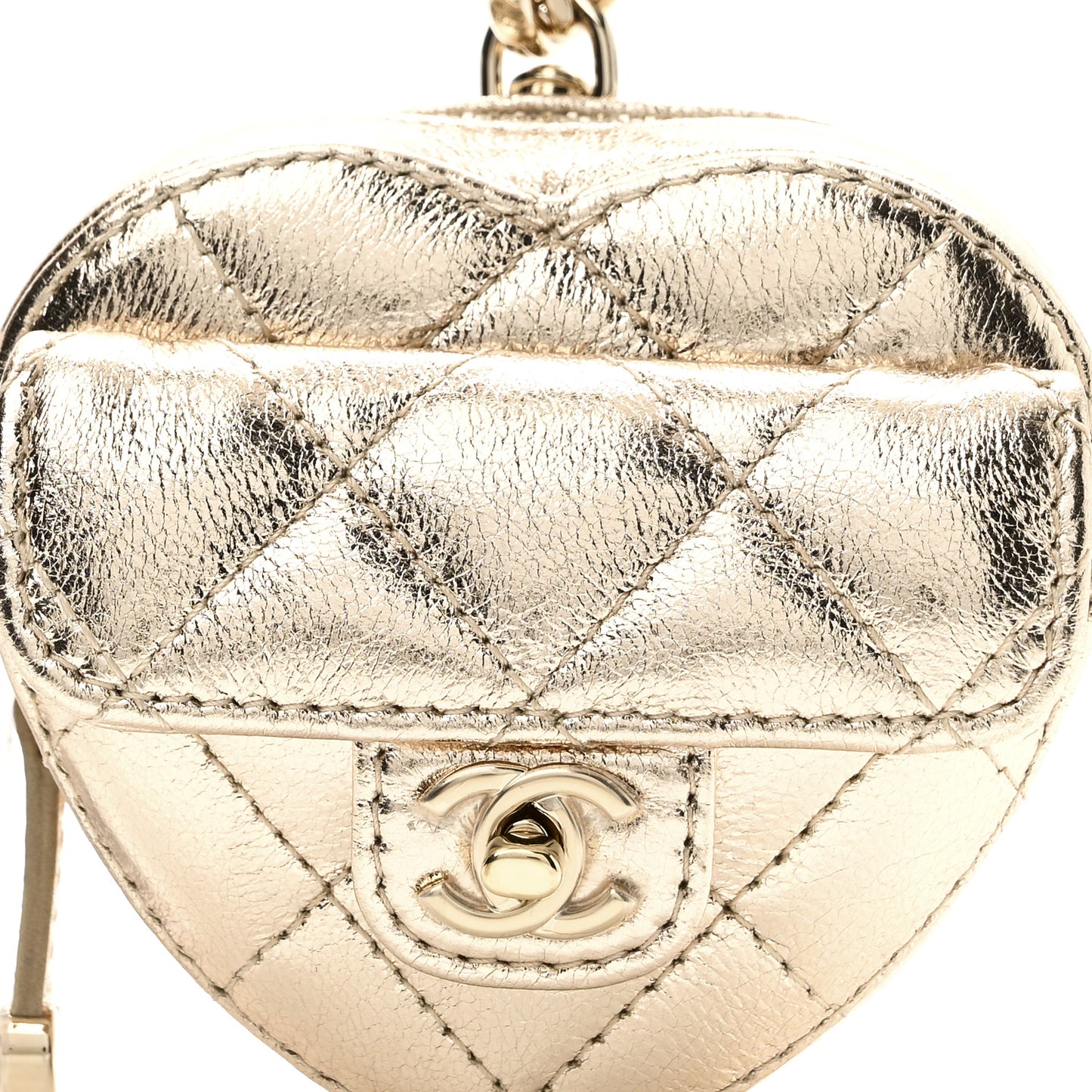 Metallic Lambskin Quilted CC Mini In Love Heart Bag Charm Gold