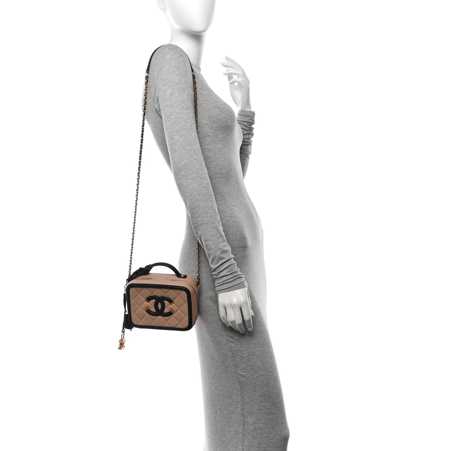 Chanel Caviar Quilted Small CC Filigree Vanity Case Beige Black 2 of 10