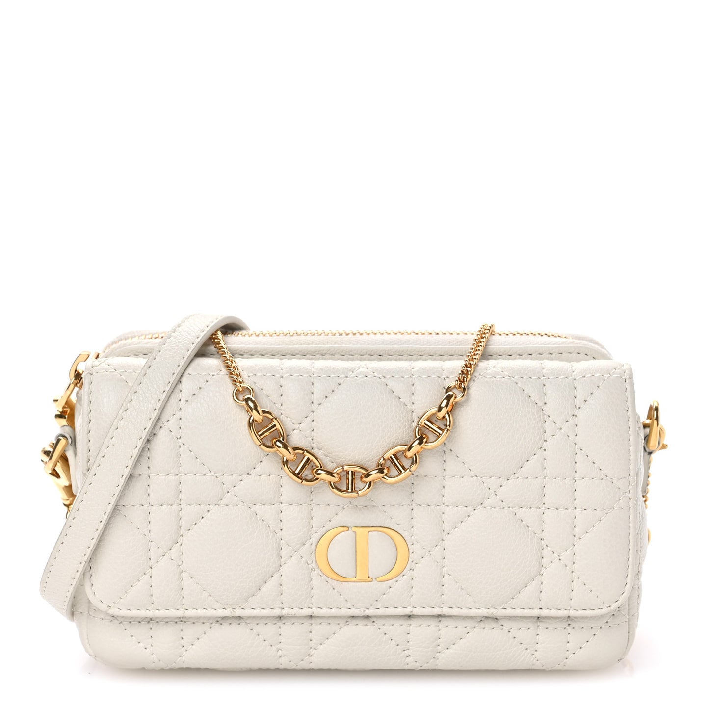 Supple Calfskin Cannage Caro Pouch with Chain Latte