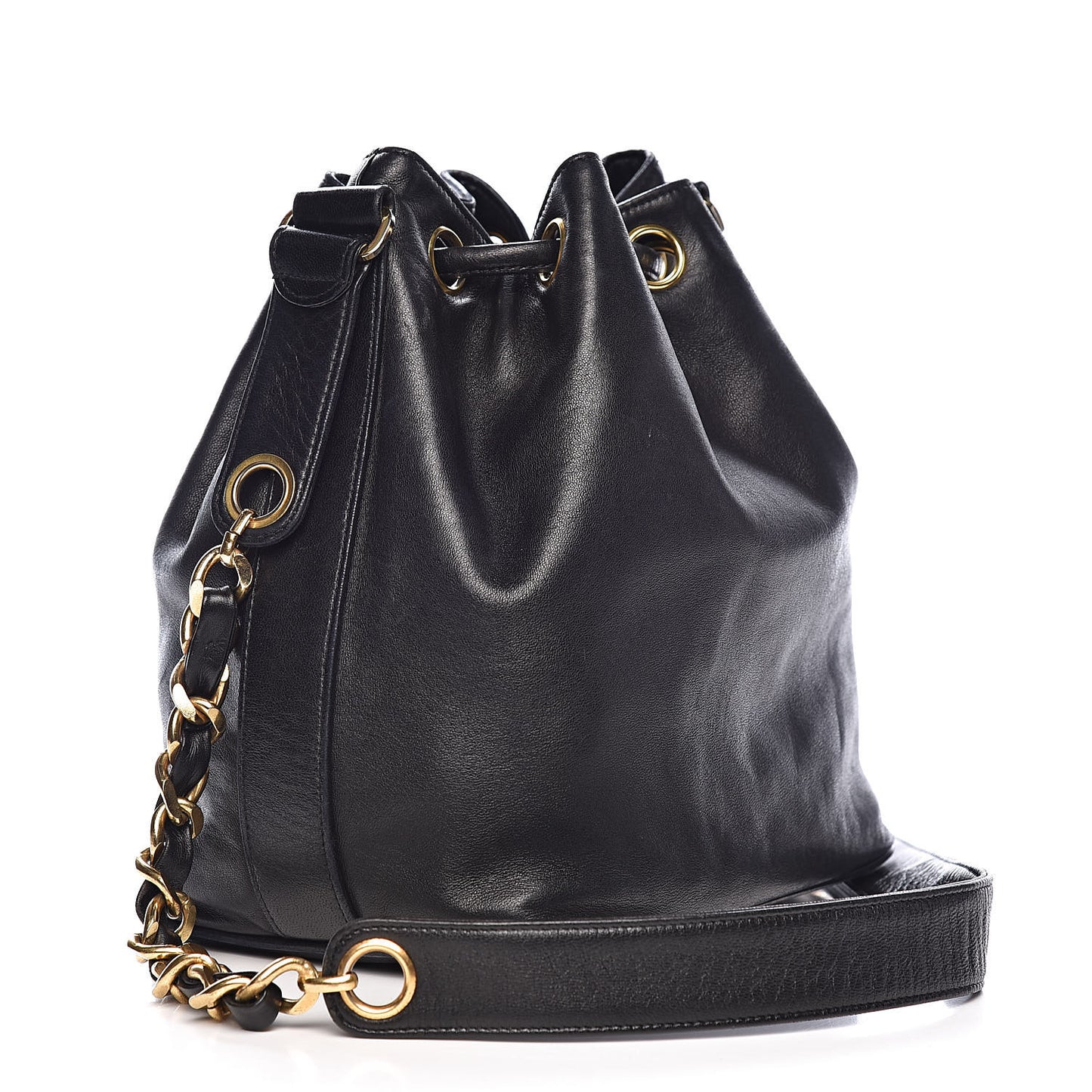 Lambskin CC Stitched Drawstring Bucket Bag Black