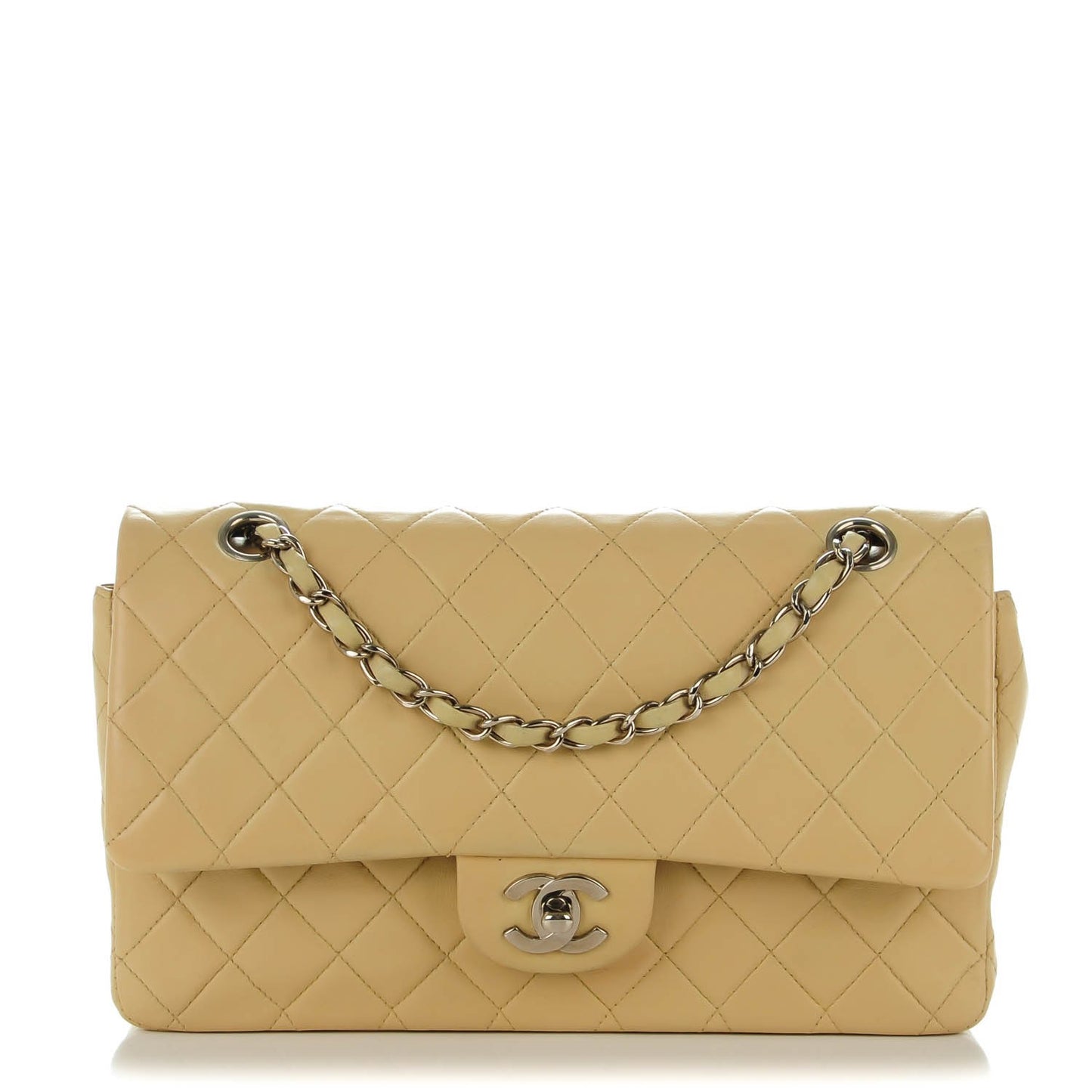 Lambskin Quilted Medium Double Flap Beige