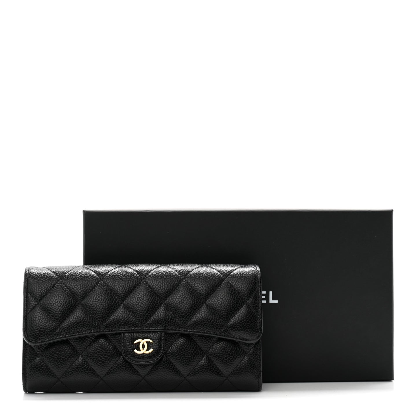 Caviar Quilted Large Gusset Flap Wallet Black