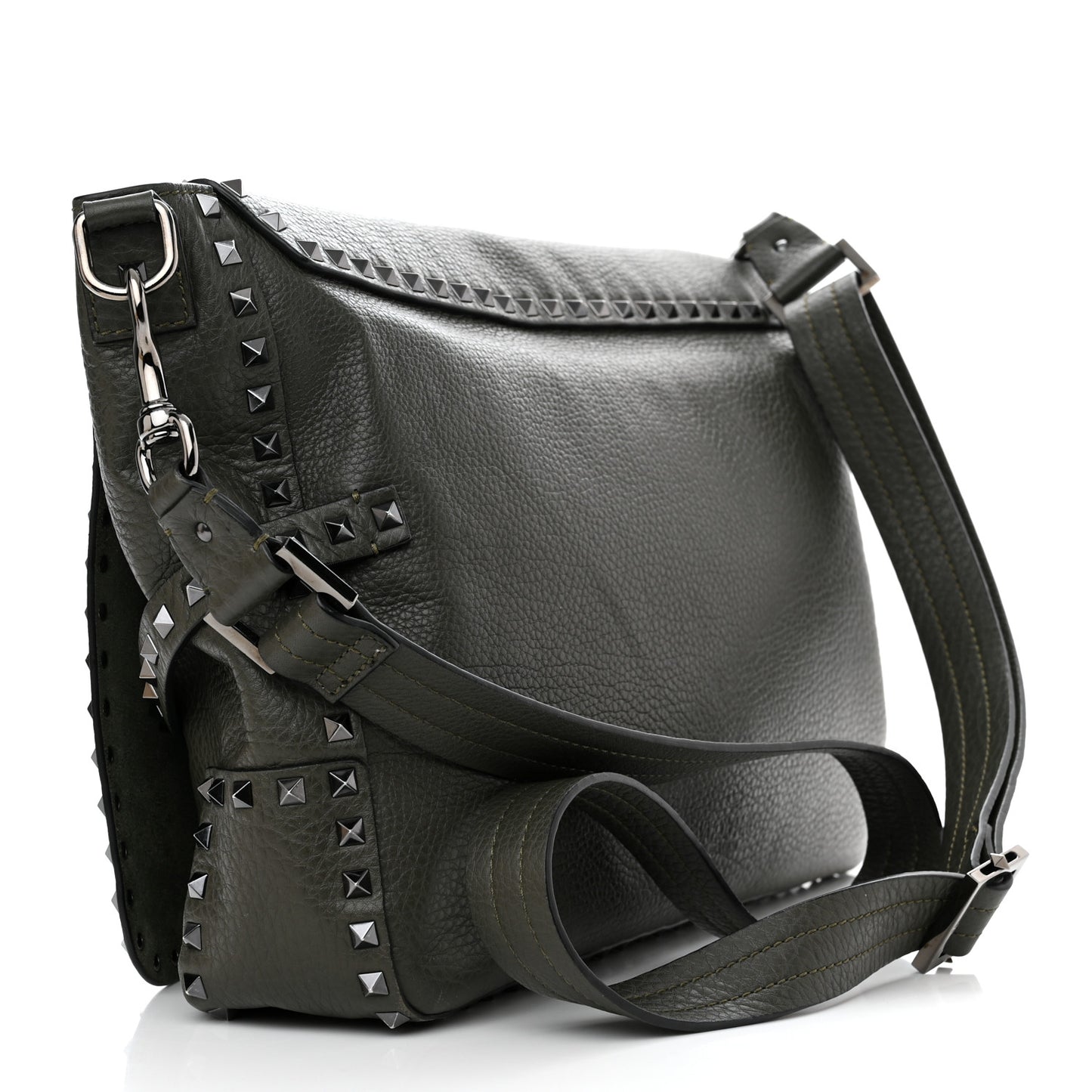 Pebbled Calfskin Rockstud Messenger Green