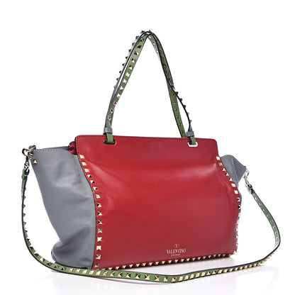 Valentino Garavani Vitello Colorblock Medium Rockstud Tote Deep Rose Clover Grey Scarlet 3 of 14