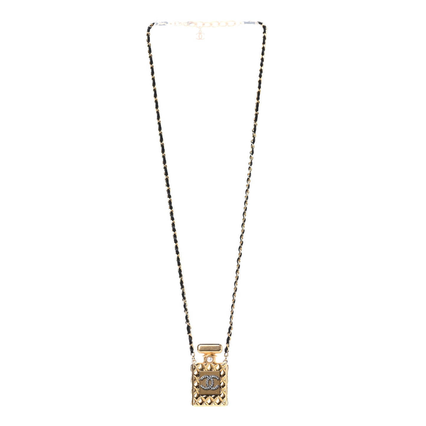 Crystal Pearl Perfume Bottle CC Necklace Black Gold