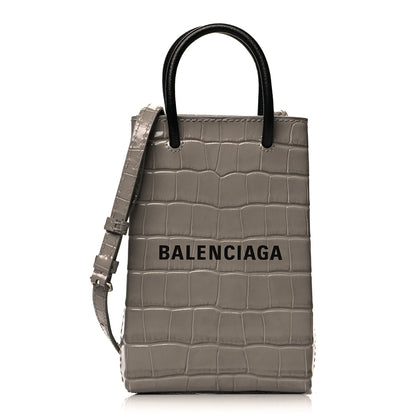 Balenciaga Calfskin Crocodile Embossed Logo Shopping Phone Holder Bag Steel Grey 1 of 10